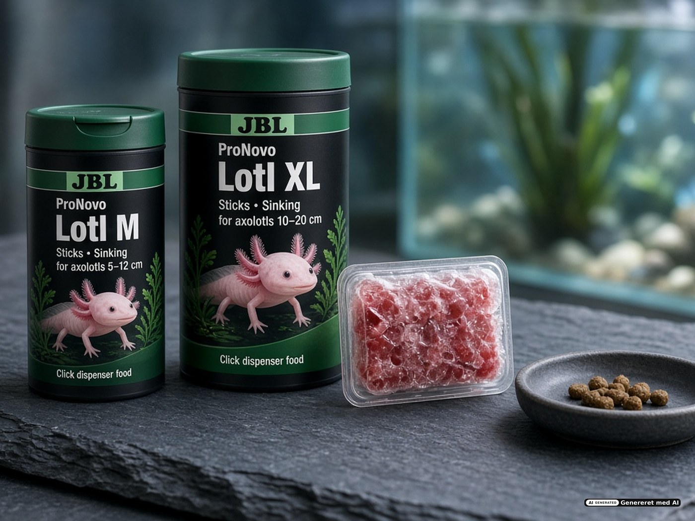 ProNovo Lotl-dåser og blister med røde myggelarver ved et køligt akvarie