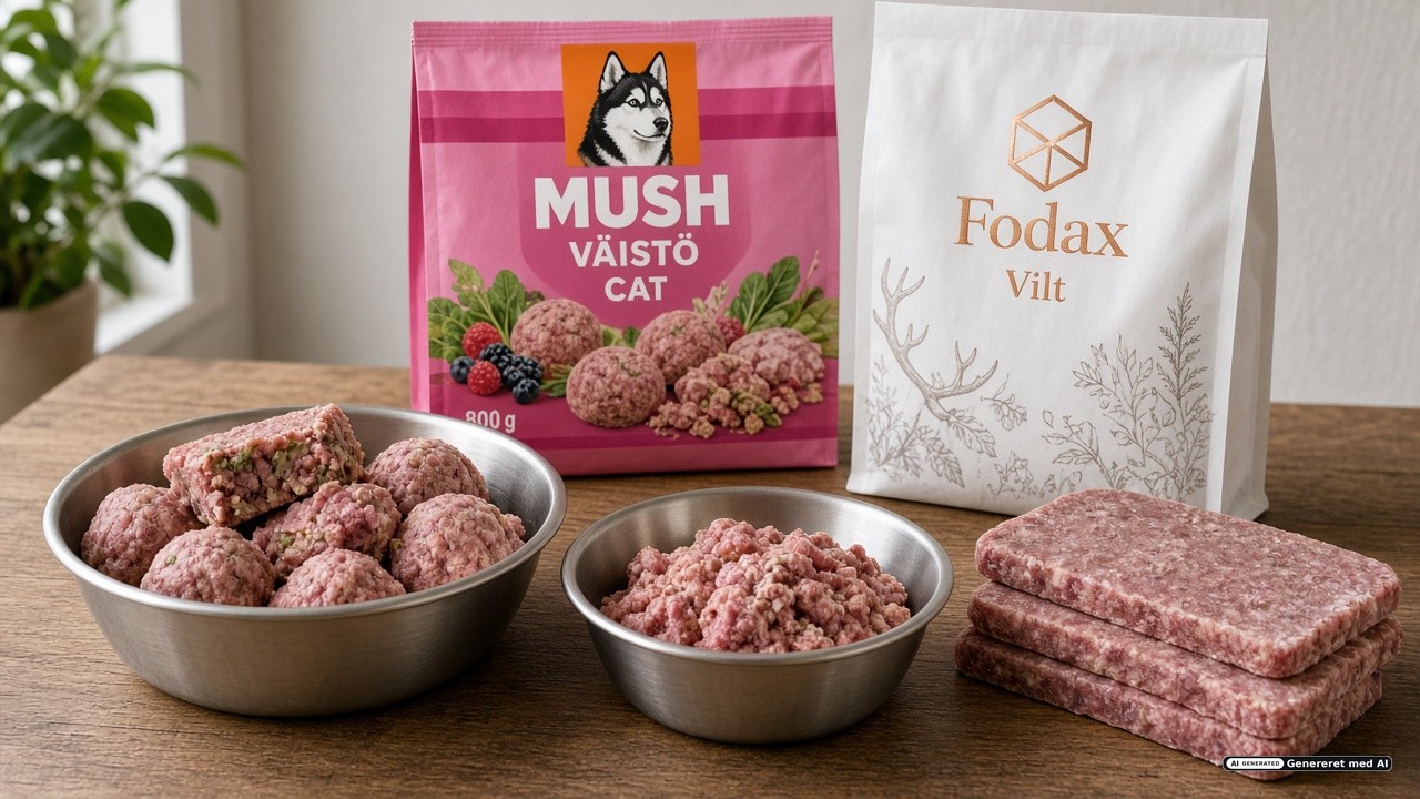 Hund og kat spiser BARF fra skål