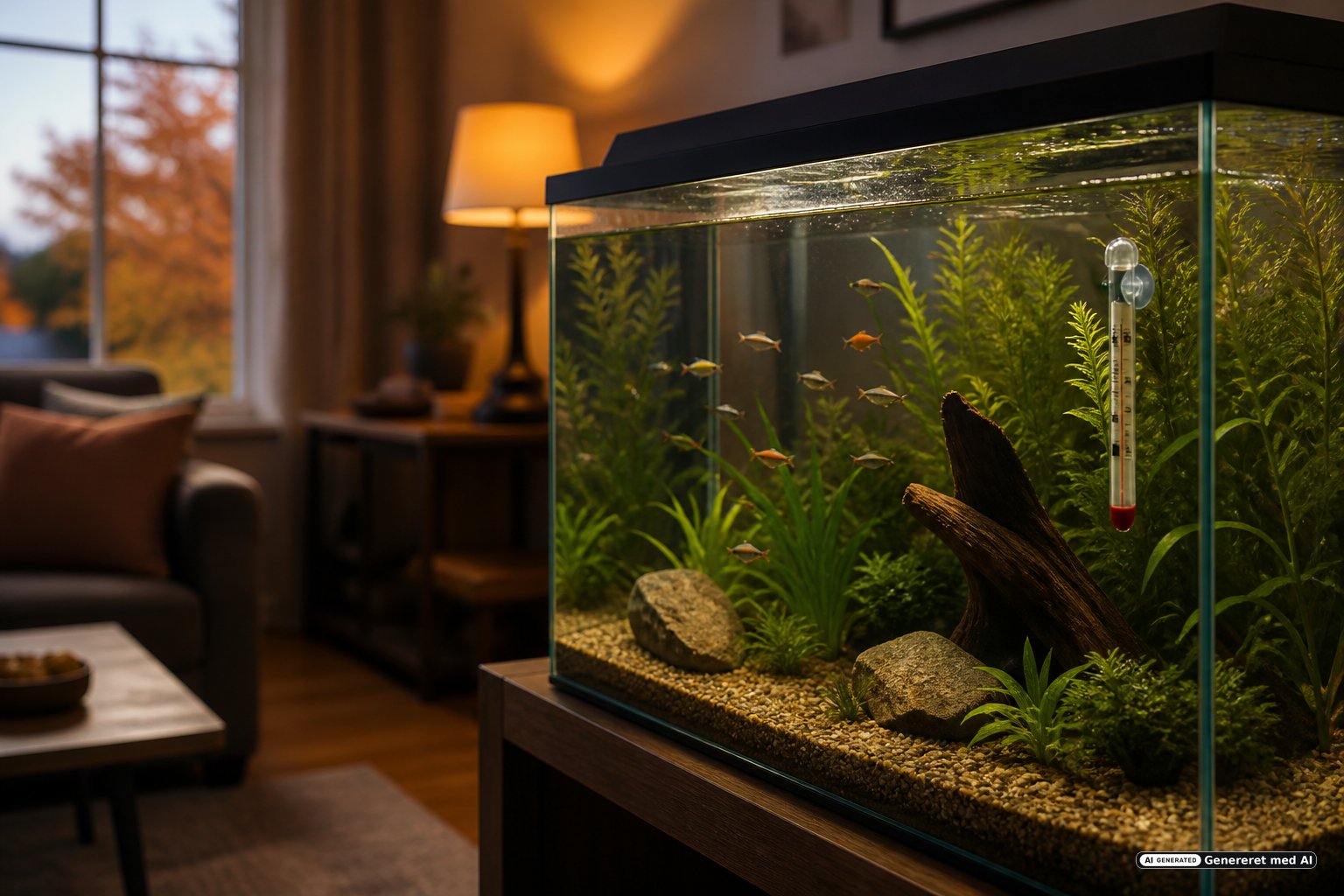 Akvarietermometer og varmelegeme i et stueakvarium om efteråret
