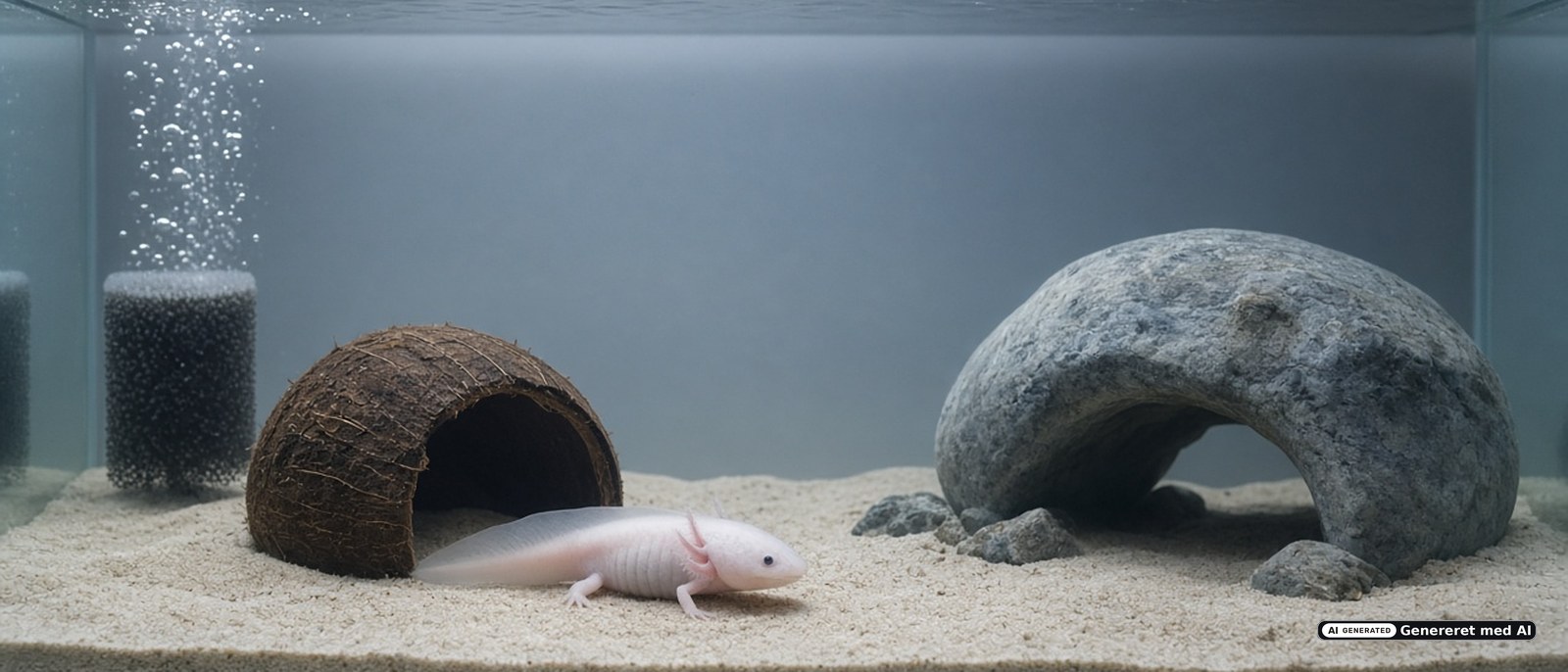 Køligt akvarie med fint sand, skjul og en lys axolotl på bunden