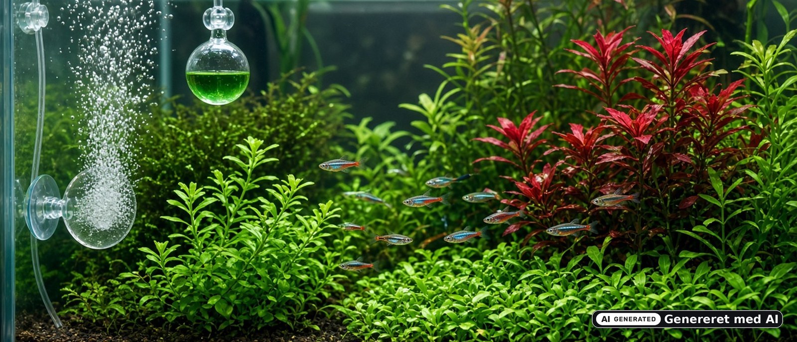 Tæt plantet akvarie med røde og grønne planter, små fisk, CO₂-diffuser med bobler og en drop checker