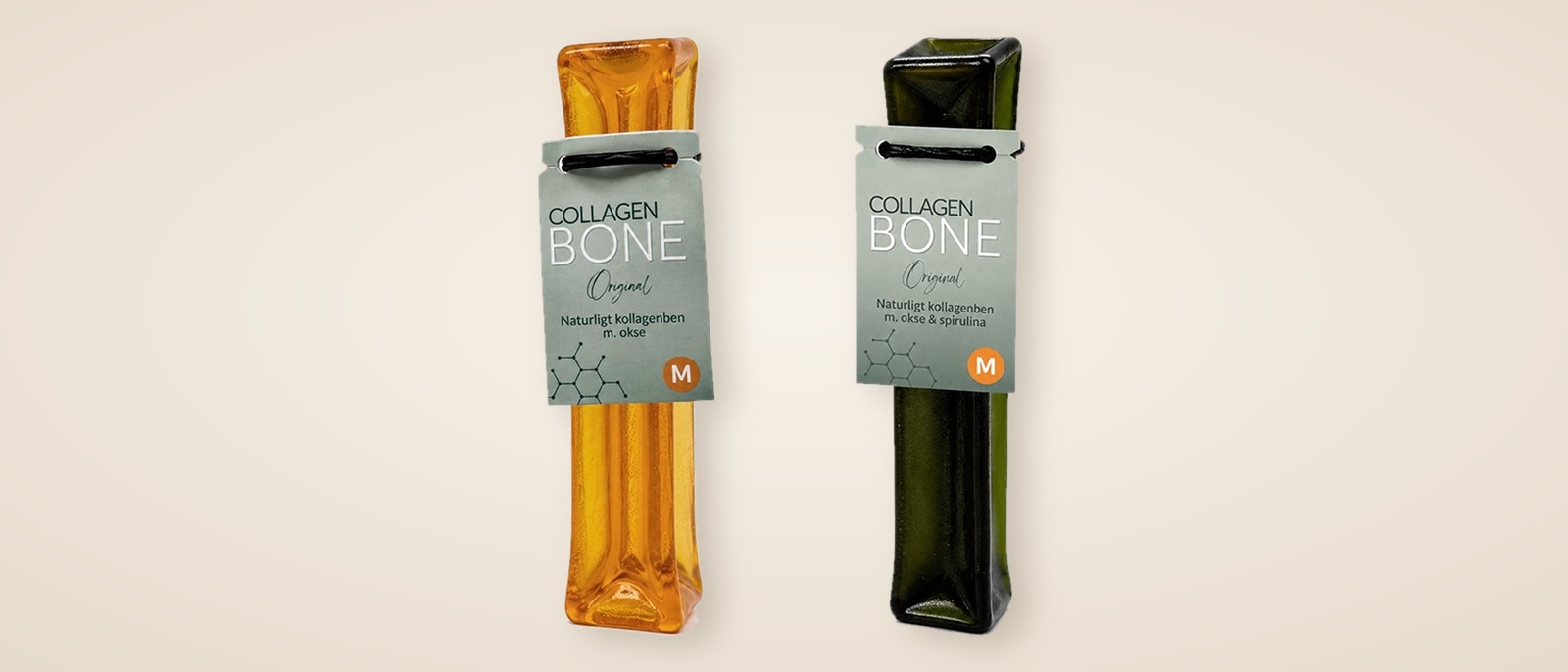 Collagen Bone Original og Okse & Spirulina i str. M side om side