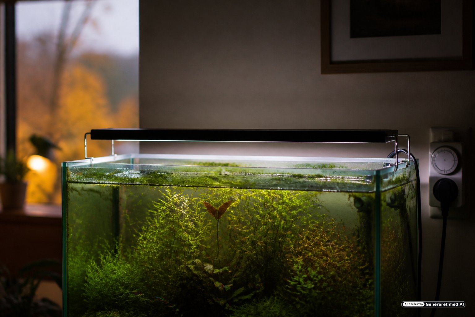 Akvarium med timer og efterårslys for at undgå alger
