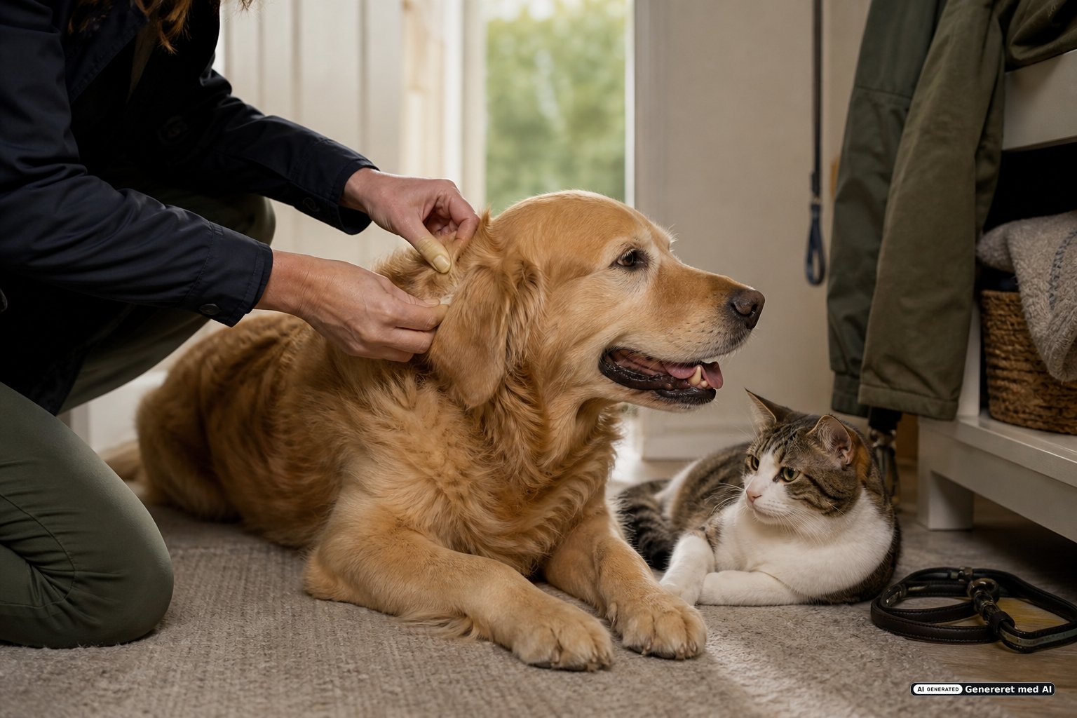 Hund og kat der tjekkes for flåter efter efterårstur