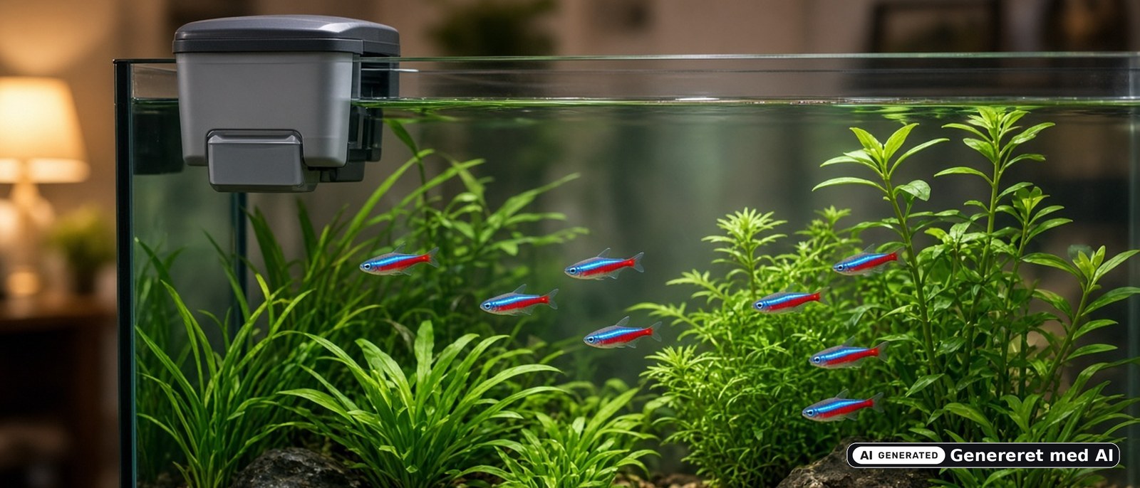 Foderautomat på kanten af et plantet akvarie med neontetraer og en kuffert i stuen i baggrunden – illustration til guide om fodring af akvariefisk i ferien