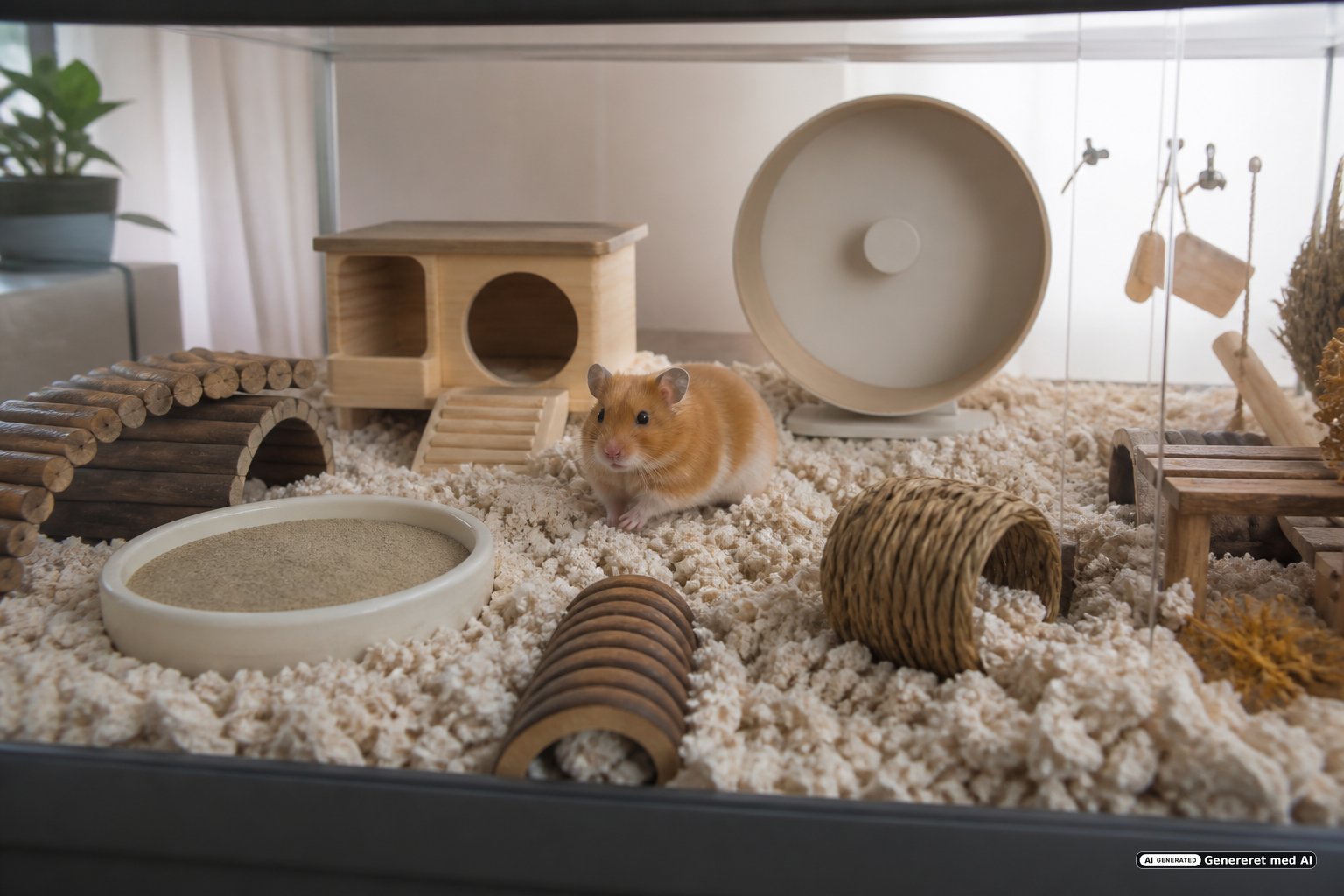Rummeligt hamsterbur med dyb strøelse og sandbad