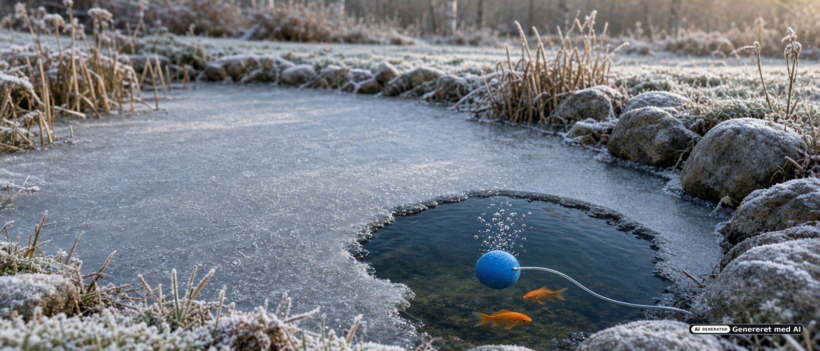 Havedam i frost med et åbent hul i isen, bobler fra en luftsten og guldfisk under overfladen