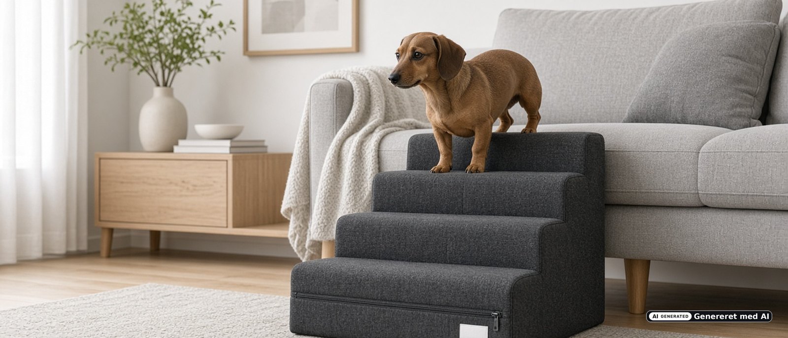 Lille hund på mørk blød hundetrappe ved en sofa