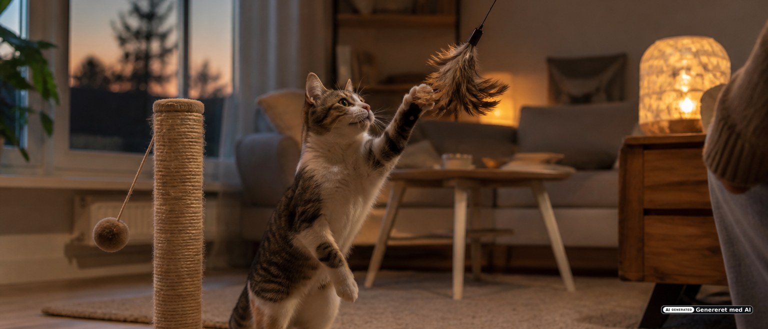 indoor cat play wand autumn evening