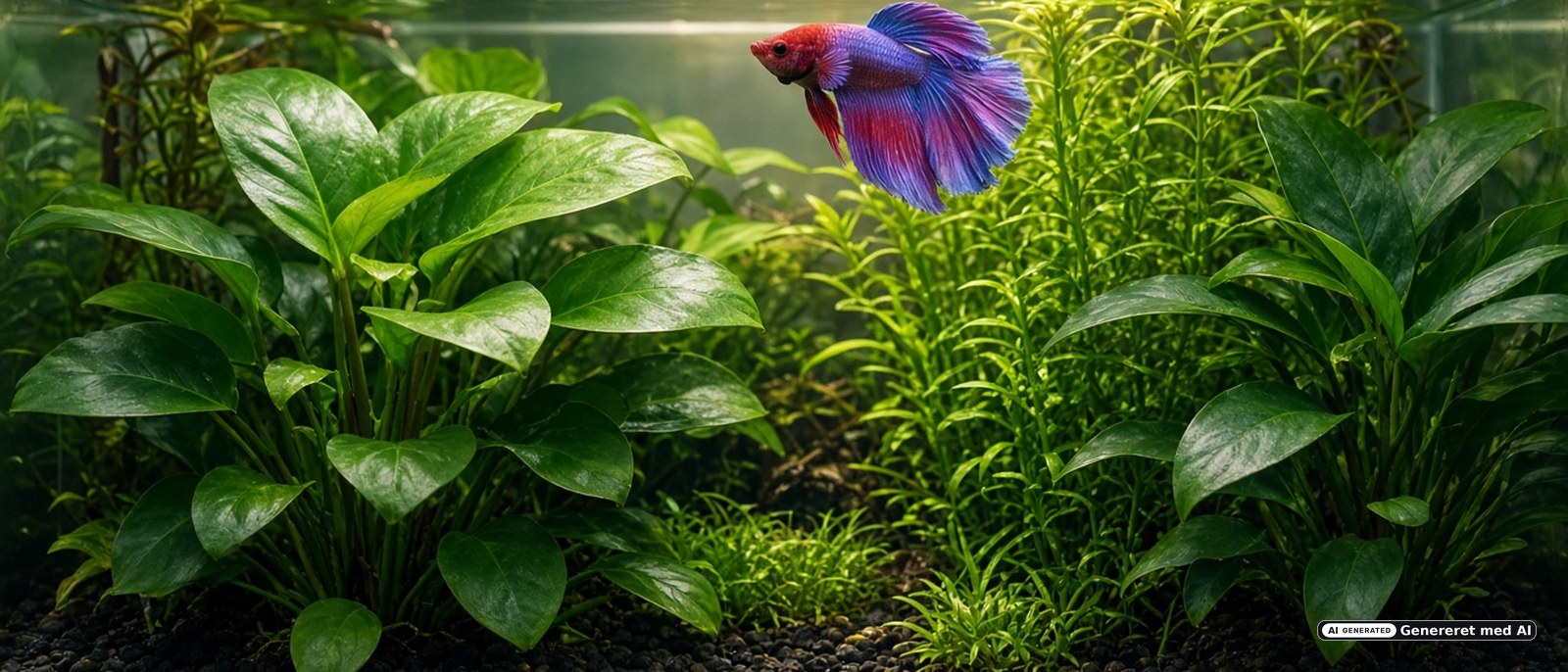 Tropisk akvarie med planter og en farverig kampfisk nær overfladen