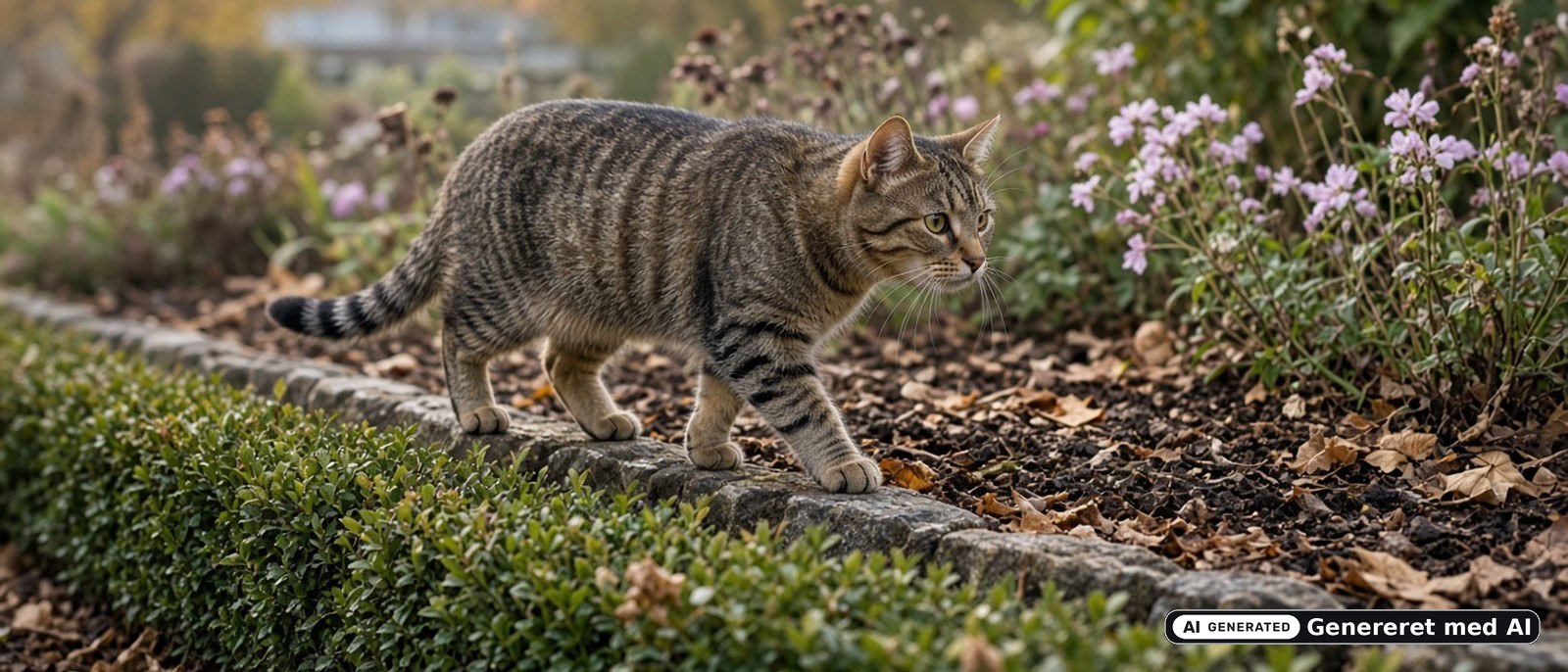 Kat ved kanten af et blomsterbed i en dansk have — illustration til at holde katte væk fra bedet