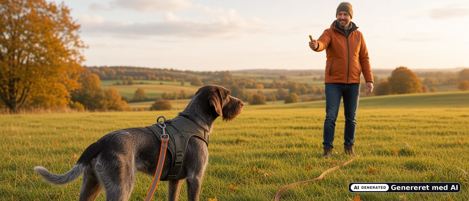 Hund i sele står på en efterårsmark med en orange lang line i ryggens ring, der slæber i græsset, mens ejeren længere væk holder en godbid frem