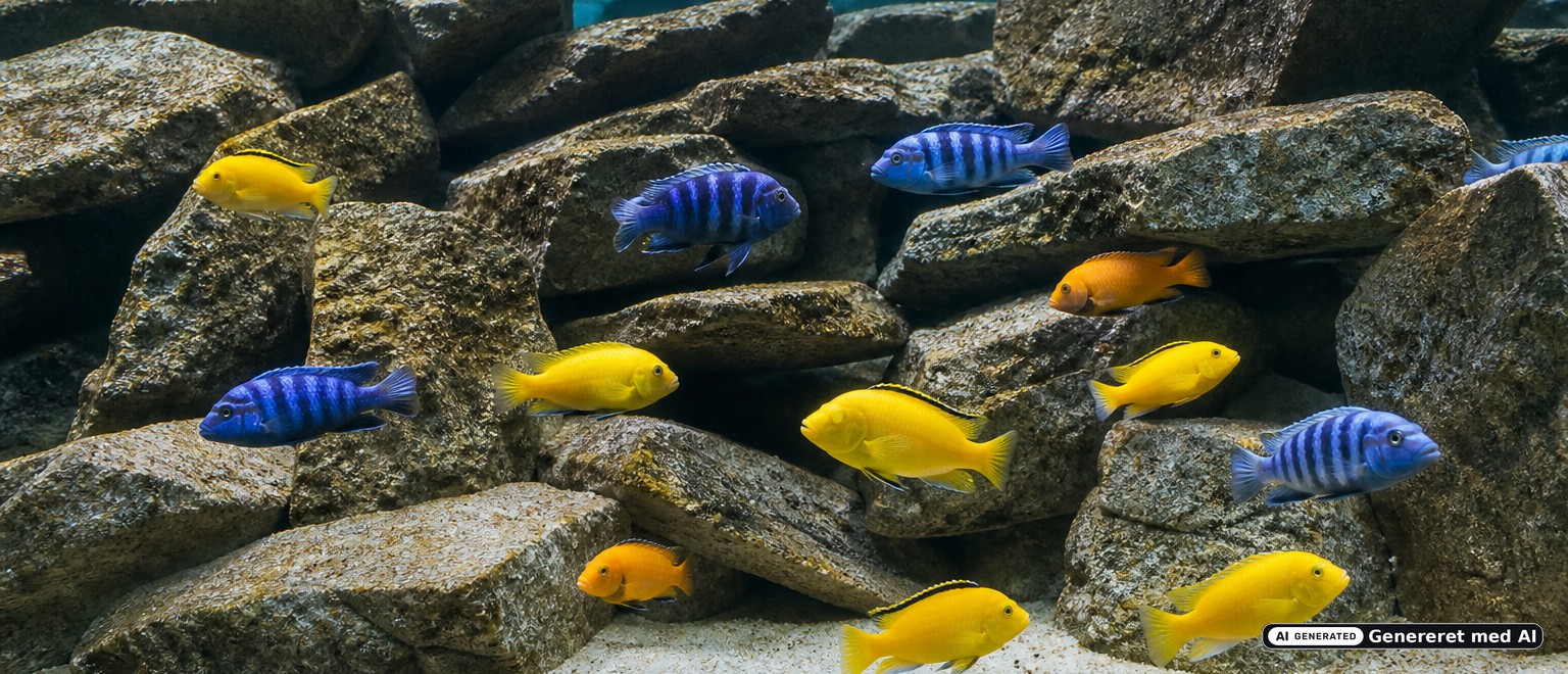 Malawi Mbuna-ciklider i klippeakvarie — sten, sand og hårdt vand