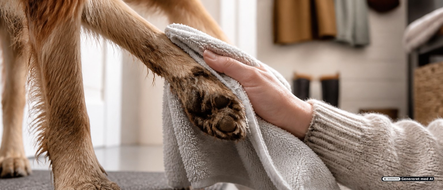 muddy dog paws being dried in hallway autumn