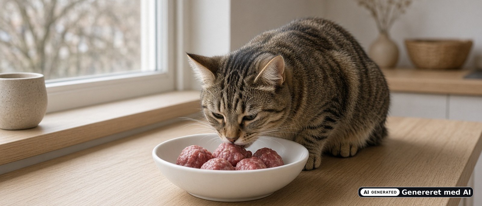 Tigret kat spiser små kødboller fra en lav skål på et træbord – illustration til guide om MUSH kattemad