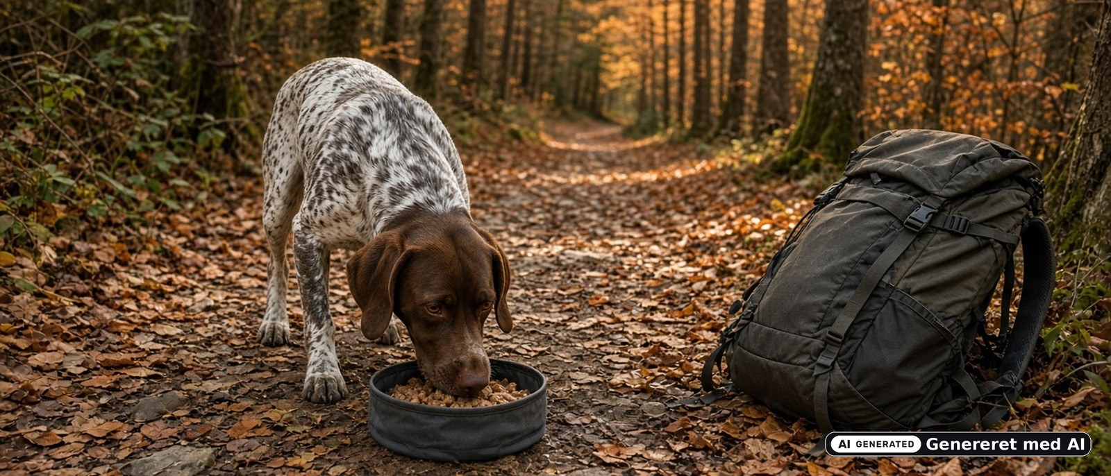 Hund på efterårstur ved en sammenfoldelig skål med opblødt foder – illustration til guide om frysetørret råfoder