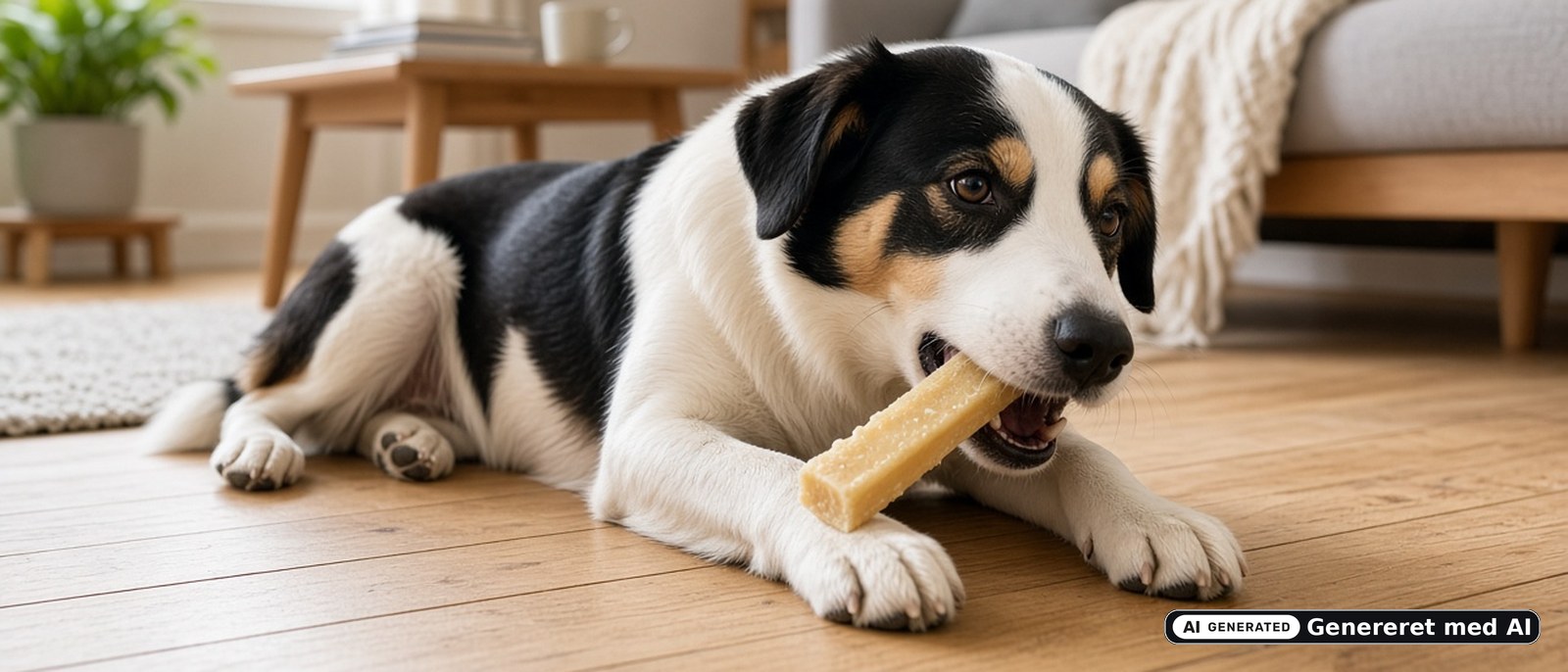 Mellemstor sort-hvid hund ligger på et trægulv i en stue og tygger på et osteben