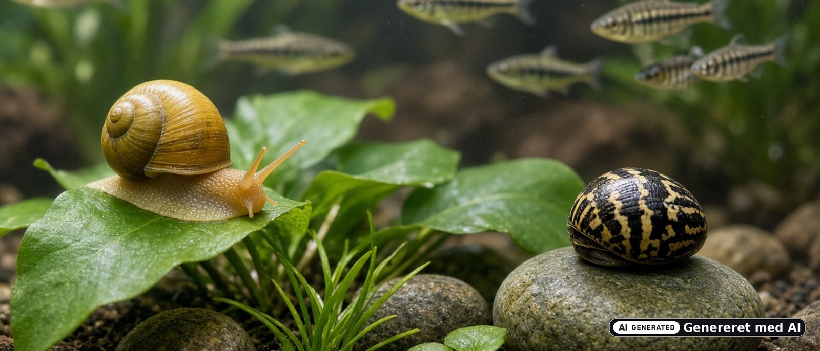 Snegle i et plantet akvarie: en gul snegl på et blad og en tigerstribet neritsnegl på en sten med fisk i baggrunden