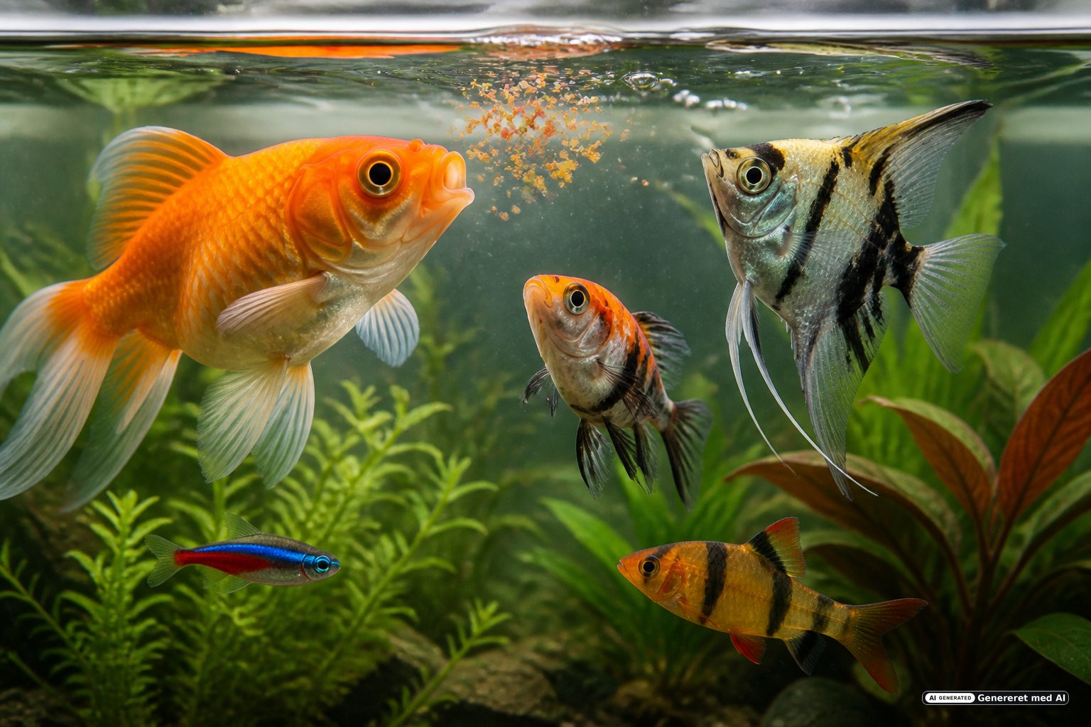 Akvariefisk der fodres med korrekt mængde fiskefoder