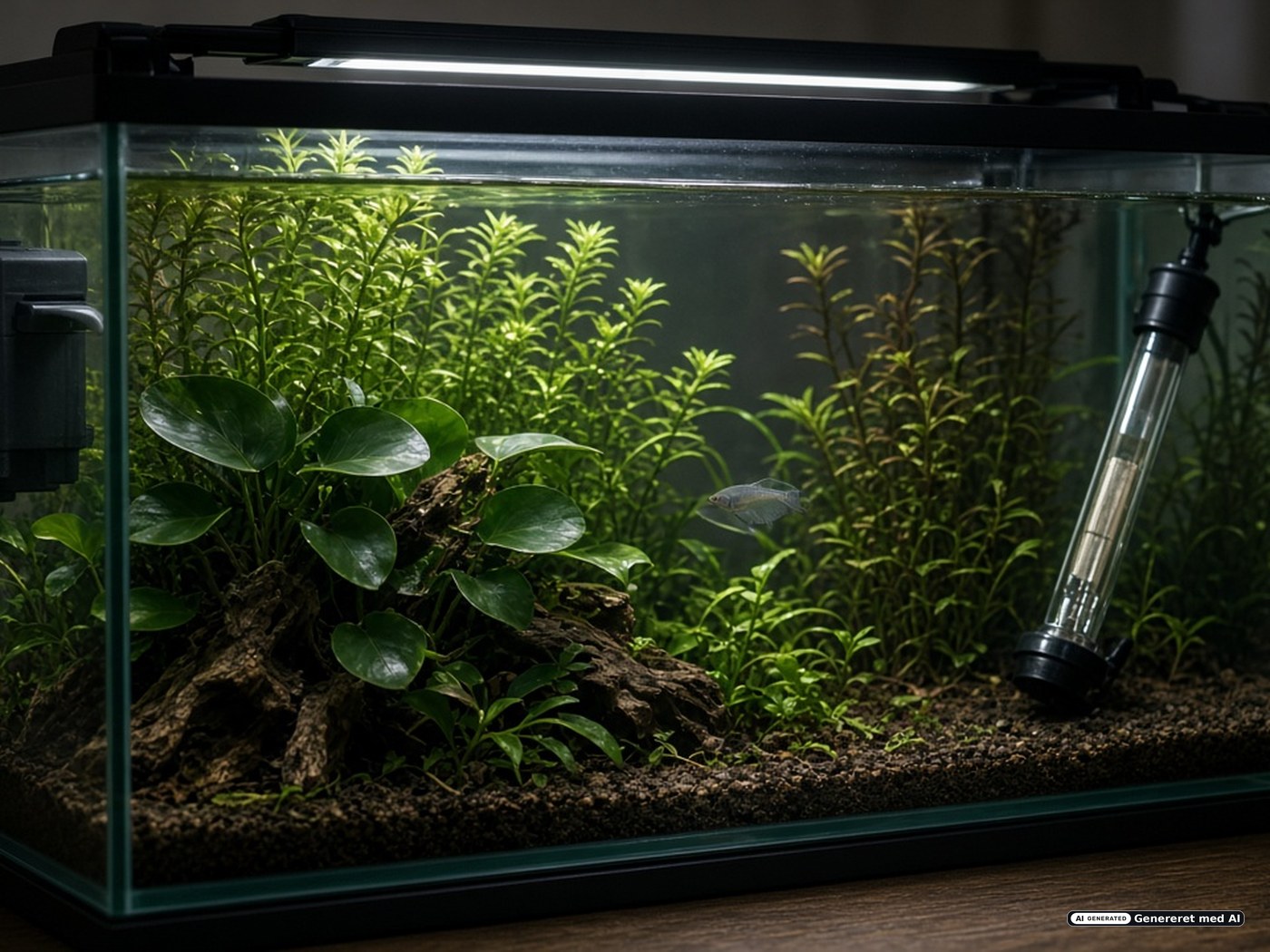Beplantet akvarie med dæksglas, varmelegeme og blødt filter