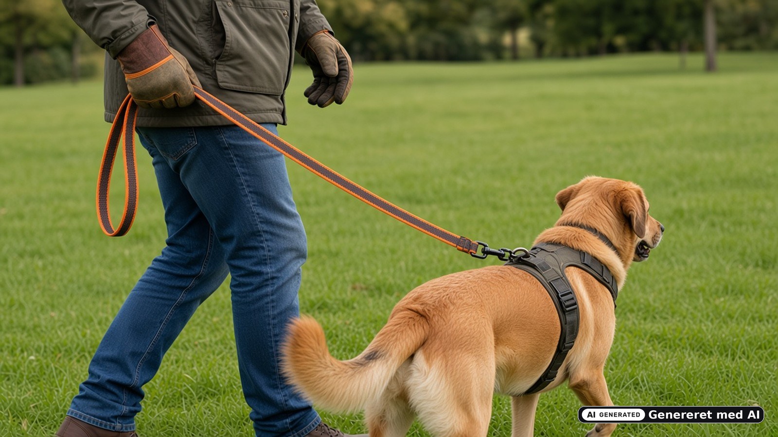 Ejer med handsker holder den orange lange line med en løkke af slæk i hånden, mens hunden i sele går ved siden af