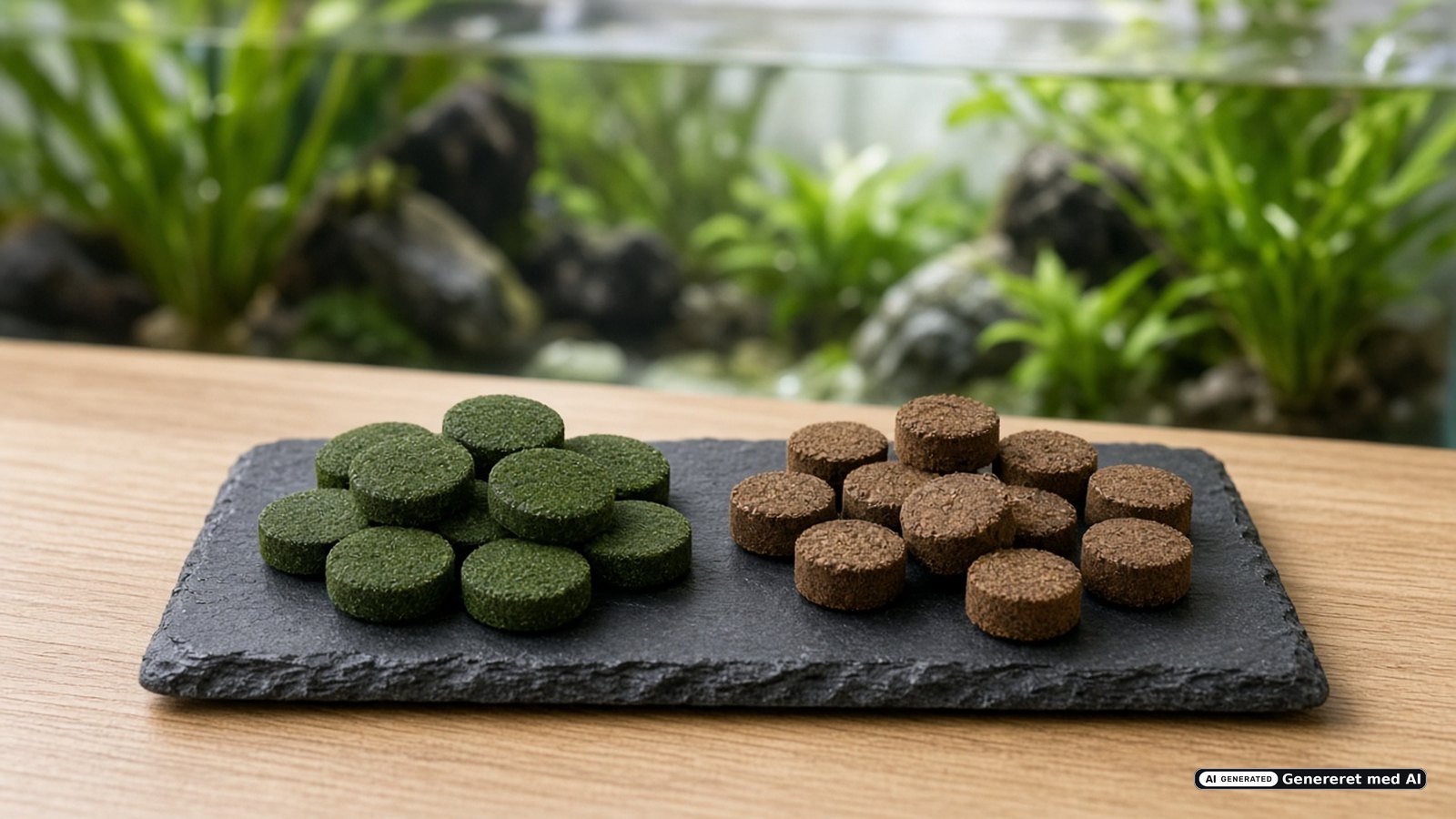 Runde mørkegrønne algewafers og brune synkende tabs på et stykke skifer foran et plantet akvarie