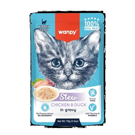 Wanpy Cat Kitten Stew Chicken & Duck in Gravy 70g - vådfoder til katte